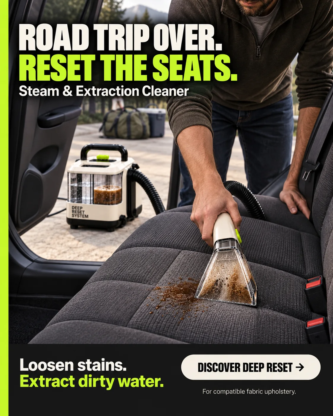 Car upholstery cleaning concept with Deep Reset System
